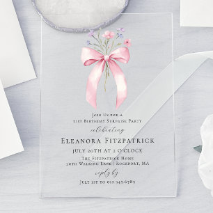 Invitations En Acrylique FÊTE SURPRISE 21e Anniversaire Rose Bow Wildflower