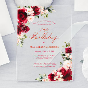 Invitations En Acrylique FÊTE SURPRISE 75e anniversaire Rose rose rouge Peo