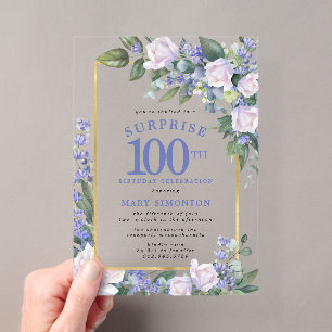 Invitations En Acrylique Fête surprise pour les 100 ans avec fleurs bleues