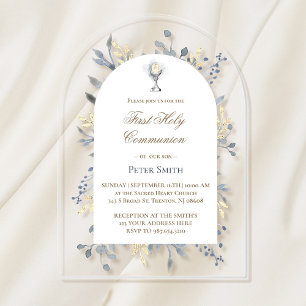 Invitations En Acrylique feuillage aquarelle bleue Première Sainte Communio