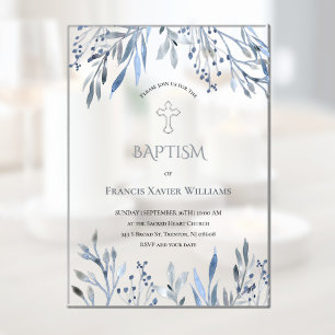 Invitations En Acrylique feuillage bleu aquarelle Baptême