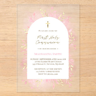 Invitations En Acrylique feuillage rose première communion solennelle givré