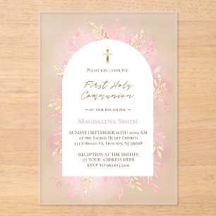 Invitations En Acrylique feuillage rose Première Sainte Communion givré