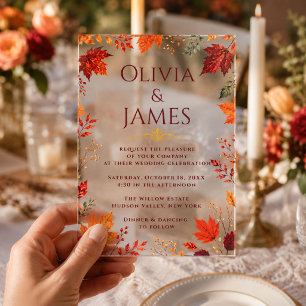 Invitations En Acrylique Feuilles de chêne rustiques d'automne sarcelle et 
