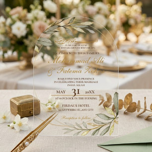 Invitations En Acrylique Feuilles d'Or Élégance Mariage Musulman Nikah