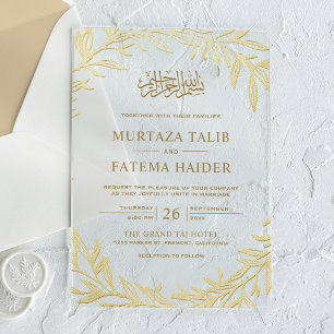 Invitations En Acrylique Feuilles d'or Mariage Musulman Islamique