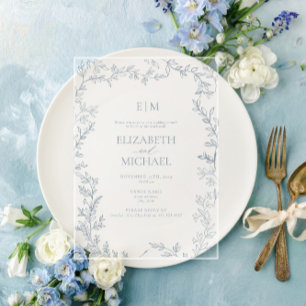 Invitations En Acrylique Feuilles Dusty Blue Monogram Mariage Brunch
