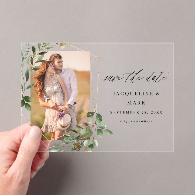 Invitations En Acrylique Feuilles & Eucalyptus Gold V Photo Enregistrer la  (In situ (ordinateur de poche))