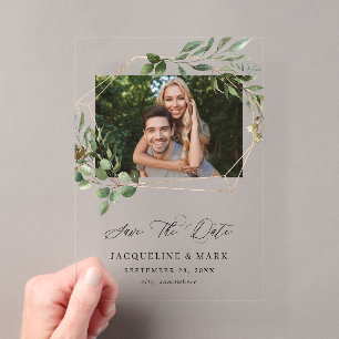 Invitations En Acrylique Feuilles & Eucalyptus Or H Photo Enregistrez la Da
