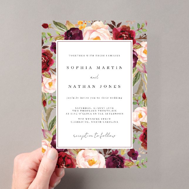 Invitations En Acrylique Feuilles florales vertes de Bourgogne Moderne Clai (In situ (ordinateur de poche))