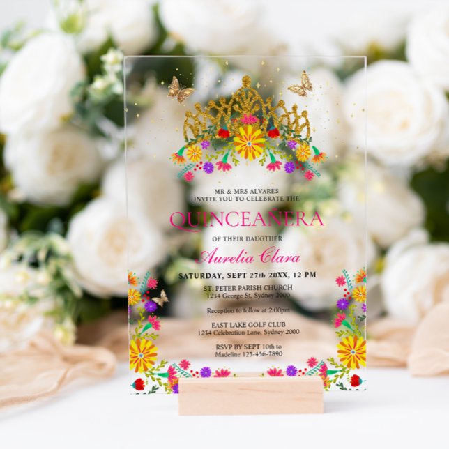 Invitations En Acrylique Fiesta Florale Mexicaine Tiara Quinceanera (Créateur téléchargé)