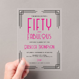 Invitations En Acrylique Fifty and Fabulous Hot Pink Art Deco 50th Birthday