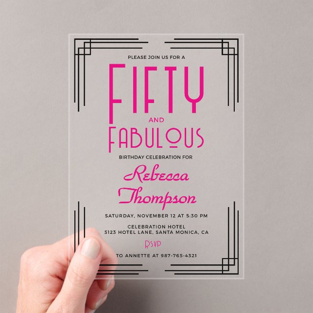 Invitations En Acrylique Fifty and Fabulous Hot Pink Art Deco 50th Birthday (In situ (ordinateur de poche))