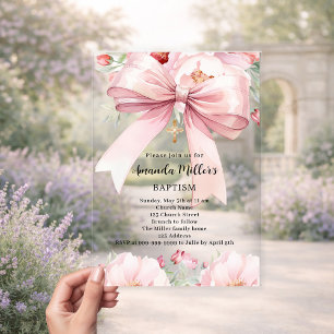 Invitations En Acrylique Fille à fleurs crème avec noeud rose clair Baptême