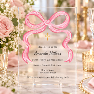 Invitations En Acrylique Fille à l'arc rose clair Première Communion de lux