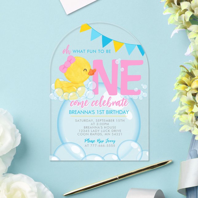 Invitations En Acrylique Fille Aquarelle Caoutchouc 1er anniversaire Unique (Oh What fun to be ONE Girls 1st Birthday Rubber Duck Party Invitations)
