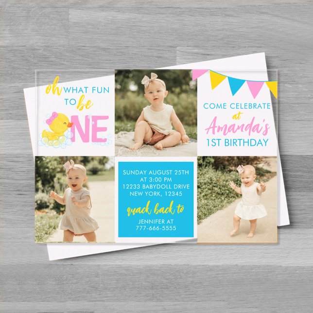Invitations En Acrylique Fille Aquarelle Caoutchouc Canard 3 Photo Annivers (Girl What Fun to Be One Watercolor Rubber Duck boy Birthday Invite)