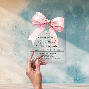Invitations En Acrylique Fille au nœud rose clair Première Communion