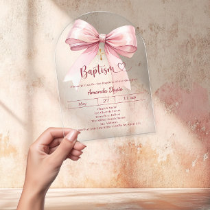 Invitations En Acrylique Fille au nœud rose élégant clair luxe Baptême