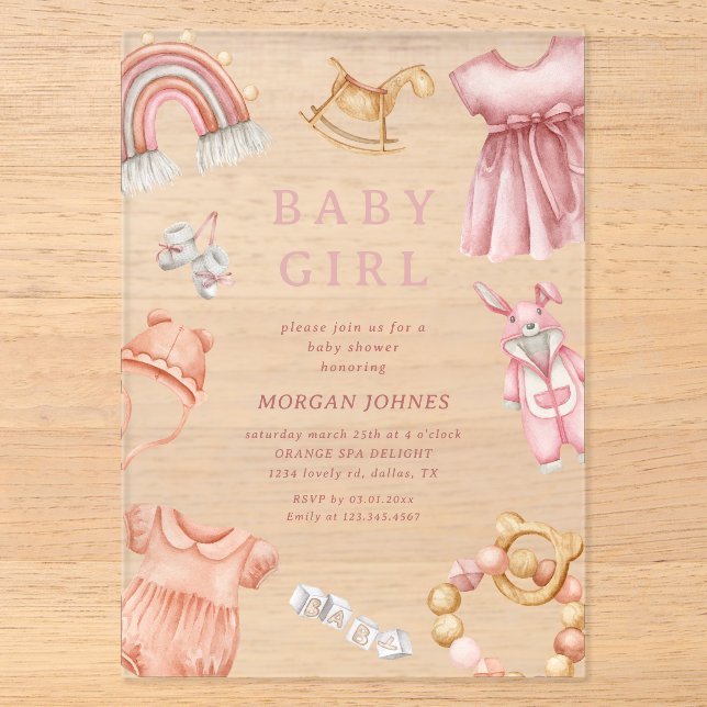 Invitations En Acrylique Fille Boho Baby shower de la crèche (Recto)