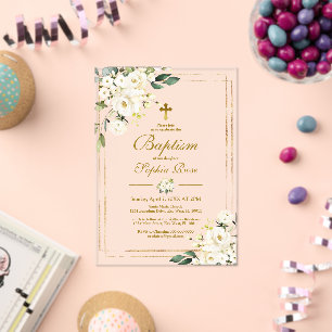 Invitations En Acrylique Fille de fleurs blanches et cadre doré pour baptêm