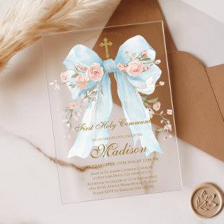 Invitations En Acrylique Fille de première communion au nœud bleu floral