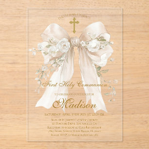 Invitations En Acrylique Fille de première communion élégante avec un nœud