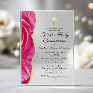 Invitations En Acrylique Fille de première communion en agate or rose