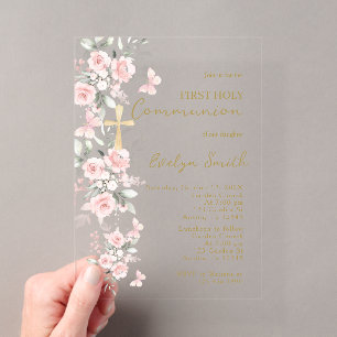 Invitations En Acrylique Fille de première communion papillon rose blush