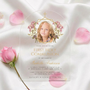 Invitations En Acrylique Fille de première communion photo floral rose croi