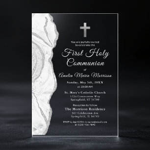 Invitations En Acrylique Fille de Première Sainte Communion en Agate Gris B
