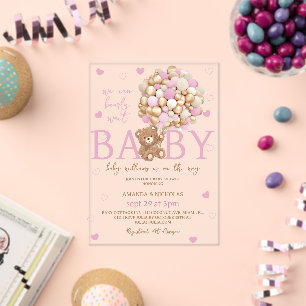 Invitations En Acrylique Fille Fête de Bébé Ballons Roses Ours 