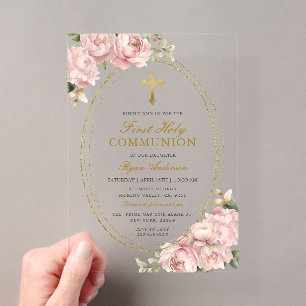 Invitations En Acrylique Fille florale rose Première Sainte Communion Croix