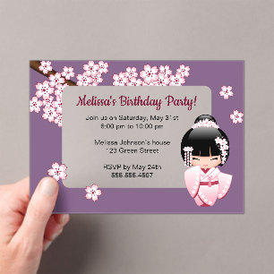 Invitations En Acrylique Fille Kokeshi Rose Fenêtre Transparente Violet
