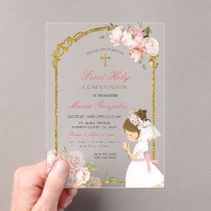 Invitations En Acrylique Fille priant l'or première sainte communion cheveu