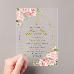 Invitations En Acrylique Fille rose Fleur Première Sainte Communion Croix d