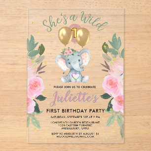 Invitations En Acrylique Fille rose sauvage Eléphant premier anniversaire