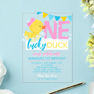 Invitations En Acrylique Fille un chanceux canard aquarelle 1er anniversair