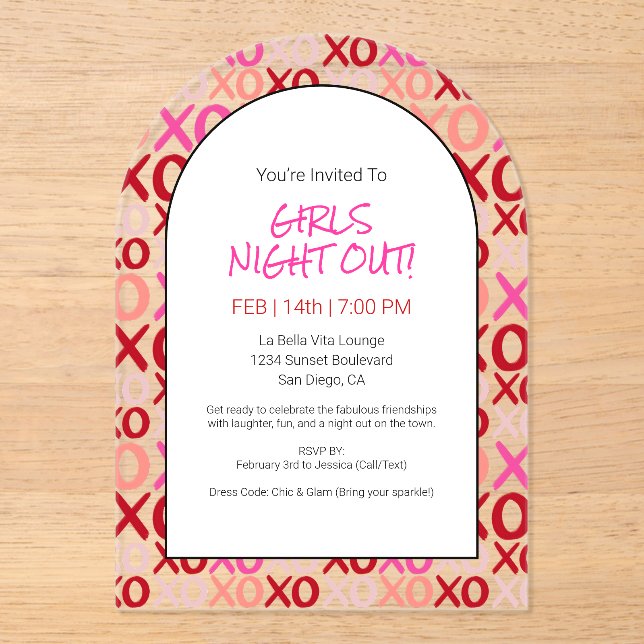 Invitations En Acrylique Filles Night Out Hugs et baisers Galentine Party (Recto)