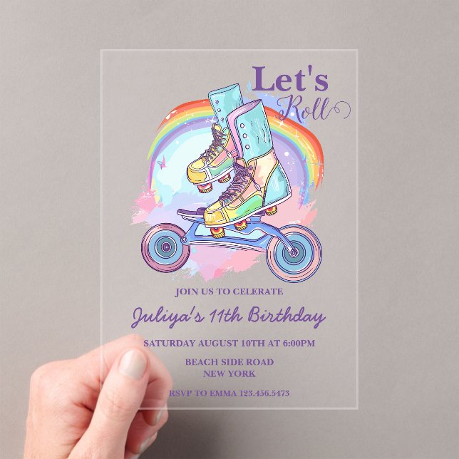Invitations En Acrylique Filles Roller Patinage violet fête d'anniversaire (In situ (ordinateur de poche))