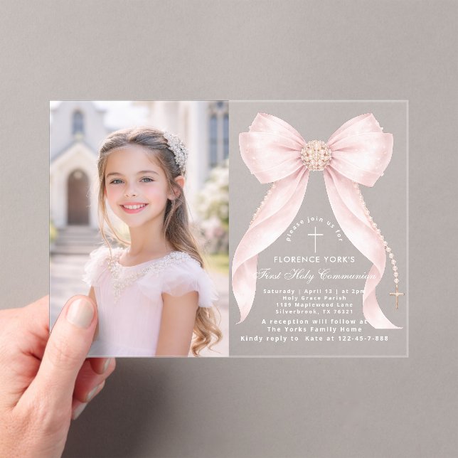 Invitations En Acrylique First Holy Communion Blush Pink Bow Christian (In situ (ordinateur de poche))
