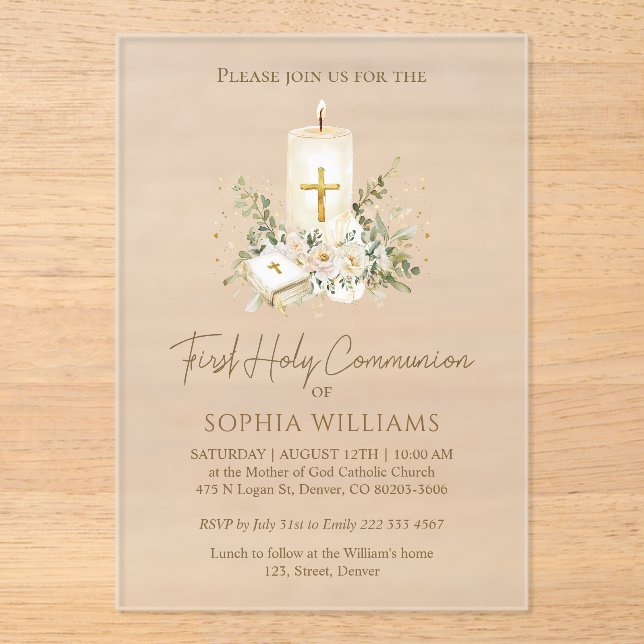 Invitations En Acrylique First Holy Communion Candle Bible Greenery (Recto)