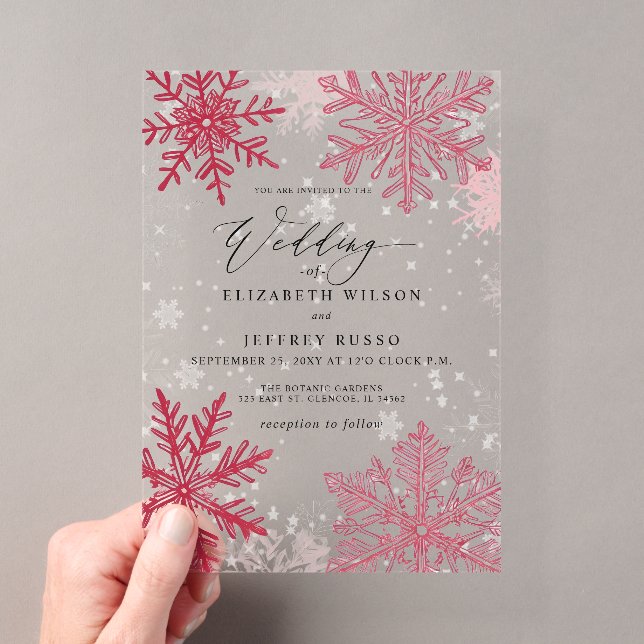 Invitations En Acrylique Flammes de neige rouge rose Mariage d'hiver (In situ (ordinateur de poche))
