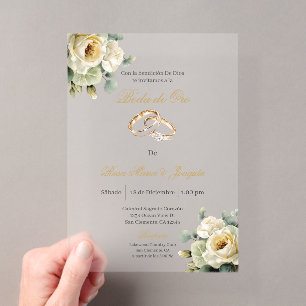 Invitations En Acrylique Fleur beige blanche Mariage d'or modifiable