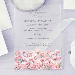Invitations En Acrylique Fleur d'anniversaire de janvier, œillet rose pour