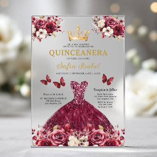 Invitations En Acrylique Fleur de Bourgogne Papillon Princesse Quinceanera