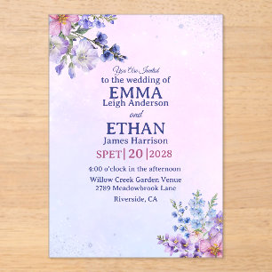 Invitations En Acrylique fleur de bruyère pétales de prune lavande bleu mar