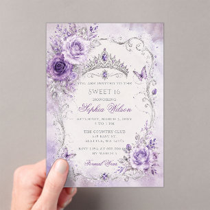 Invitations En Acrylique Fleur de Butterfly Violet Argent Sweet 16