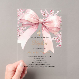 Invitations En Acrylique Fleur de fille à ruban rose clair luxe Baptême