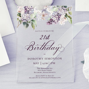 Invitations En Acrylique Fleur de lilas violet pour 21 ans